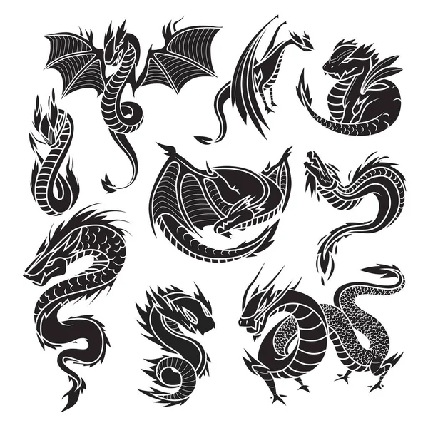 Silhouettes de dragon chinois sur fond blanc . — Image vectorielle