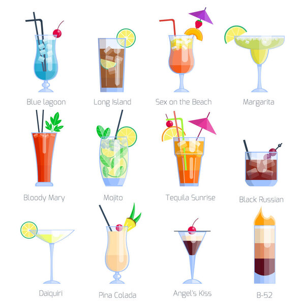 Set of alcoholic cocktails isolated on white background.