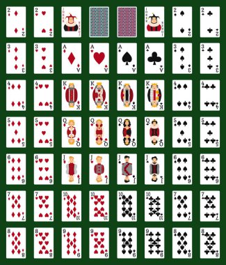 Yeşil arkaplanda izole edilmiş kartlarla poker seti