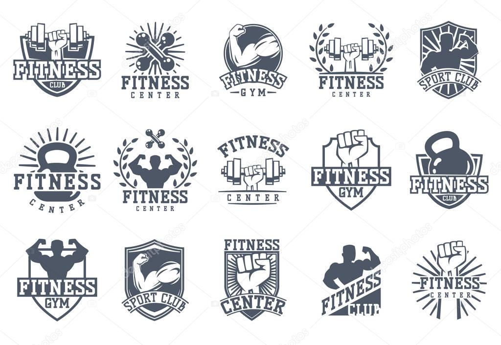 Monochrome fitness emblems, labels, badges, logos and design elements. Gym sport club strong equipment silhouette. Healthy bodybuilder athletic exercise training vector.