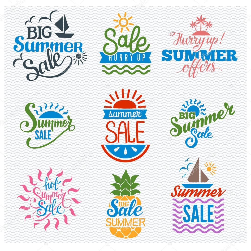 Summer sale logo clearance element vector badges isolated. Some shopping big mega hand drawn collection of labels. Vector set of comic speech bubbles stickers.