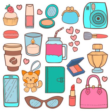 Şirin hipster çıkartmaları yama vektör çizim.