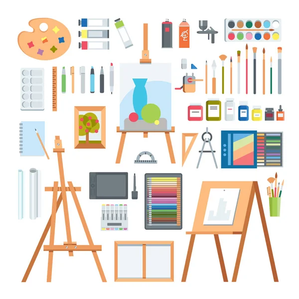 Herramientas de arte iconos de pintura plana vector conjunto . — Vector de stock