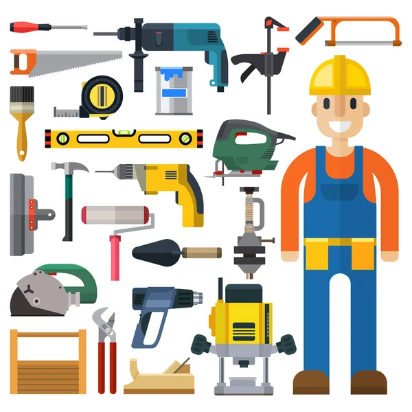 Construction man and building tools vector set. — Stock Vector