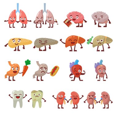 İnsan organları sağlıklı ve sağlıksız karakter vektör set.