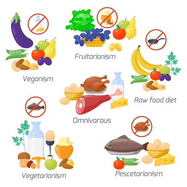 Tipi di dieta alimentare illustrazione vettoriale . — Vettoriale Stock