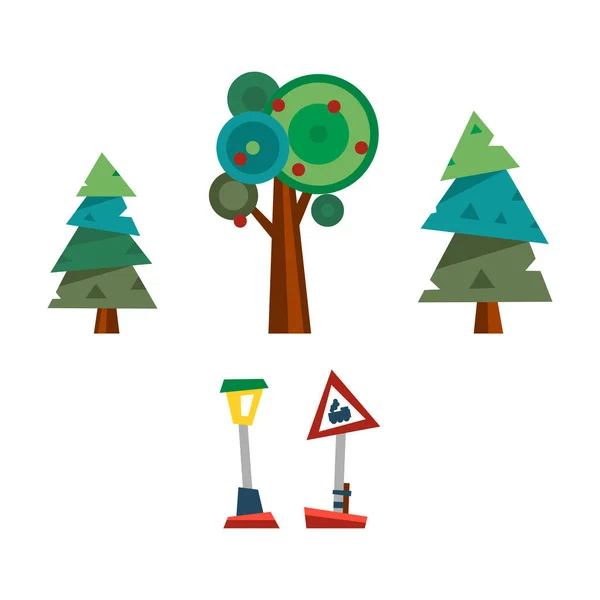 木と道路交通標識のベクトル図. — ストックベクタ