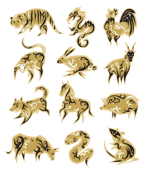 Zodíaco chino símbolos calendario oriental signos vector ilustraciones . — Archivo Imágenes Vectoriales