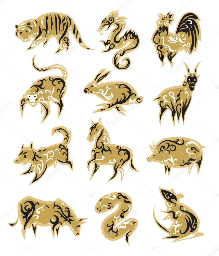 Chinese zodiac symbols eastern calendar signs vector illustrations.