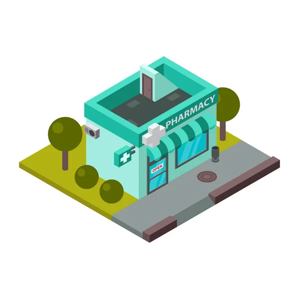 Isometric farmacie clădire vector ilustrare . — Vector de stoc