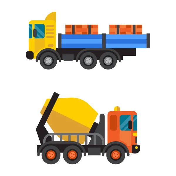 팁 및 콘크리트 믹서 트럭 시멘트 산업 장비 기계 벡터. — 스톡 벡터