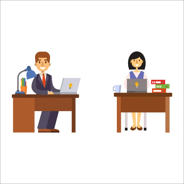 Ділові люди чоловік і жінка сидять за офісним столом Векторні ілюстрації . — стоковий вектор