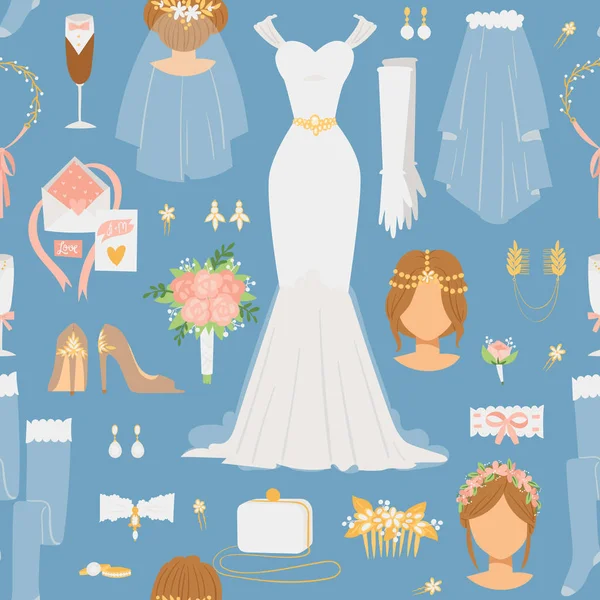 Esküvői rajzfilm menyasszony ikonok vektoros zökkenőmentes minta — Stock Vector
