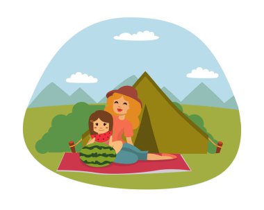 Piknik taze gıda sepeti sepet Barbekü dinlenme çift ve yaz yemek parti aile insanlar öğle yemeği Bahçe karakter vektör çizim ile ayarlama.