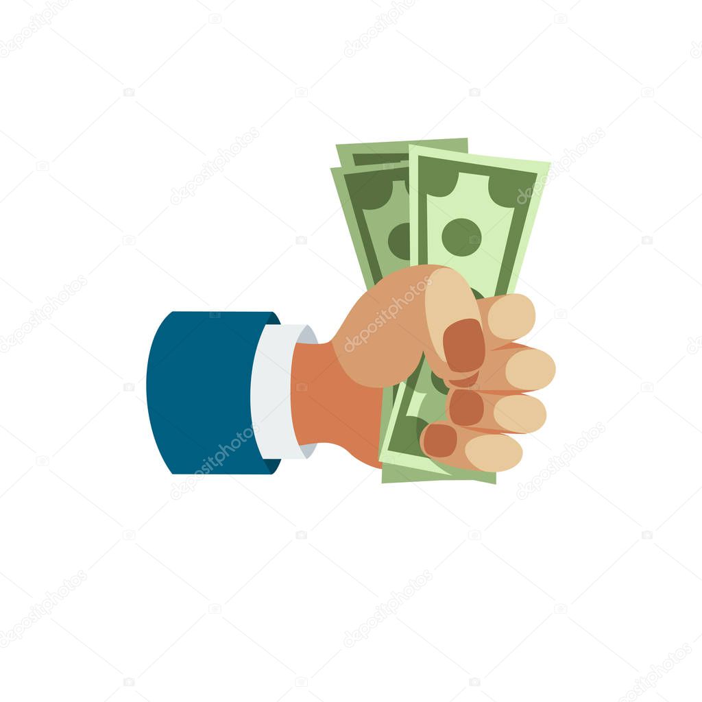 Dollar paper business finance money stack in hand us banking edition and banknotes bills in safe wealth sign investment currency vector illustration.