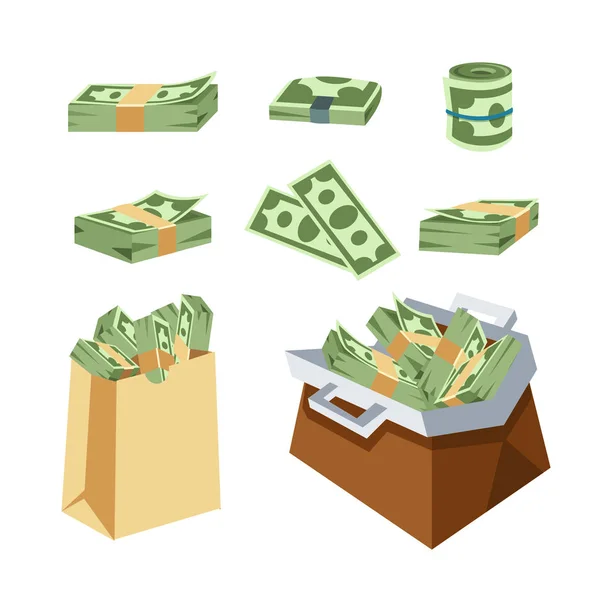 Dollar paper business finance money stack in bag of bundles us banking edition and banknotes bills isolated wealth sign investment currency vector illustration. — Stock Vector