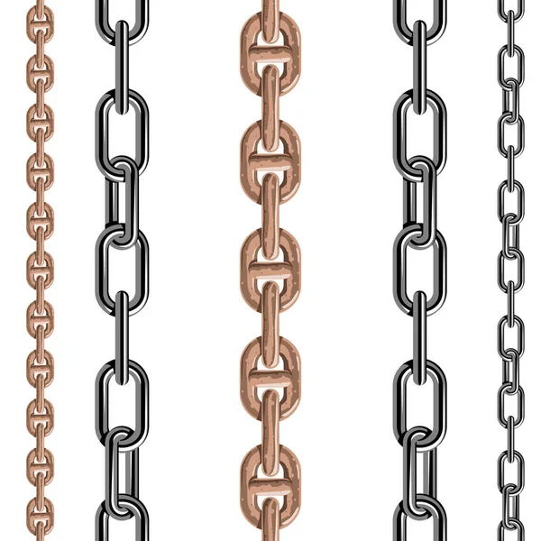 Chains link strength connection vector seamless pattern of metal linked parts and iron equipment protection strong sign shiny design background. — Stock Vector