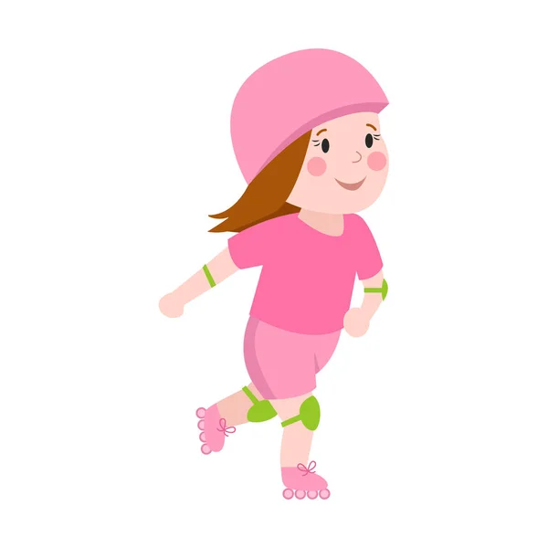 Rodillo hermosa chica divertido deporte carácter patinaje al aire libre verano niños hobby y lindo joven hembra en patines rosados, sombrero feliz ocio skater vector . — Vector de stock