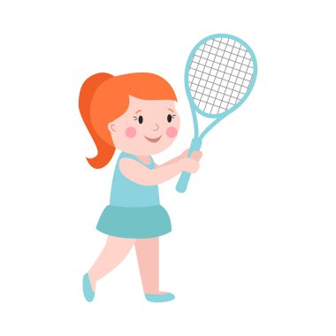 Spor kız tenis oyuncu raket Spor Sağlık Eğlence ve iyi görünümlü çocuk aktif oyun için hazırlanan eylem Yarışması karikatür insanlar vektör.