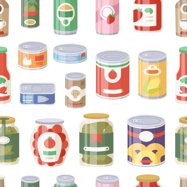 Recogida de varias latas enlatados alimentos metal contenedor tienda de comestibles y producto sin costura patrón de almacenamiento de aluminio etiqueta plana conservar vector ilustración. — Vector de stock