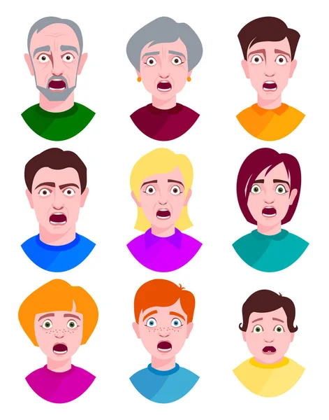 Buitengewoon verbaasd jongeren schok portret en angstig gezicht emoties bang expressie persoon met open mond vectorillustratie. — Stockvector