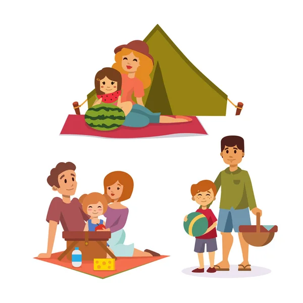 Cadre de pique-nique avec panier panier de nourriture fraîche barbecue repos couple et repas d'été fête famille gens déjeuner jardin personnage vecteur illustration . — Image vectorielle