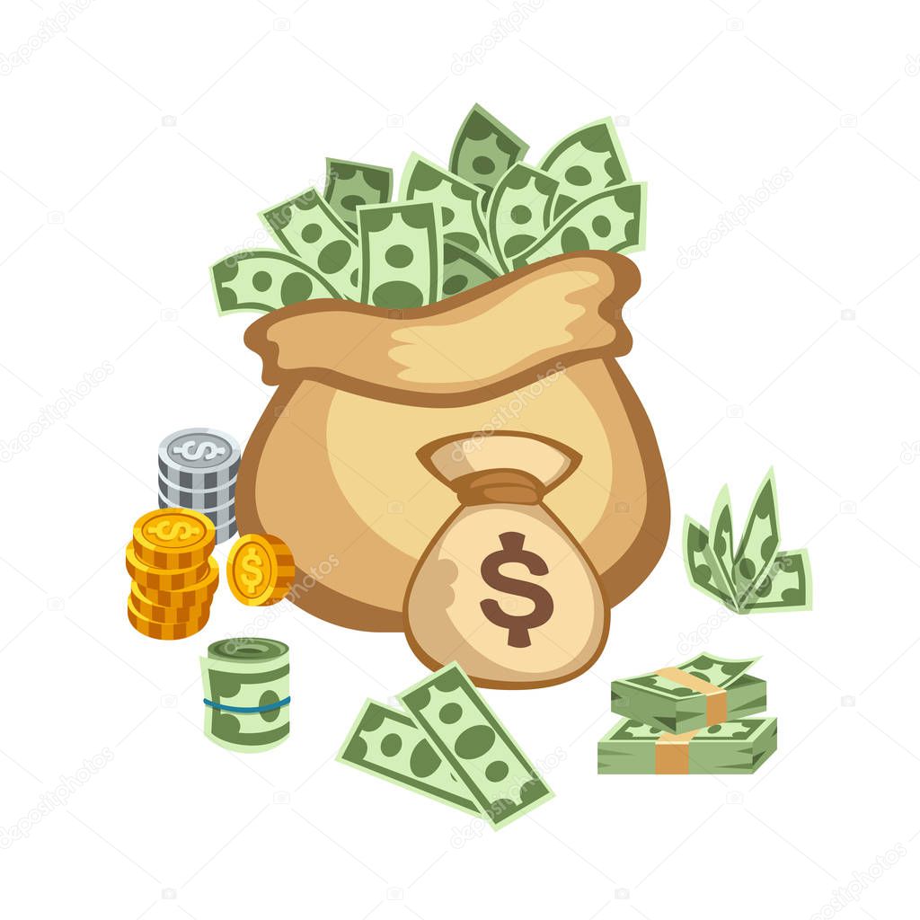 Dollar paper business finance money stack in bag of bundles us banking edition and banknotes bills isolated wealth sign investment currency vector illustration.