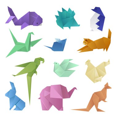Origami tarzı farklı kağıt hayvanlar geometrik oyun Japon oyuncak tasarım ve Asya geleneksel dekorasyon hobi oyun vektör çizim.