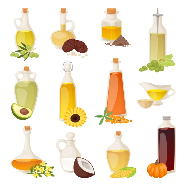 Óleo alimentar diferente em garrafas isoladas em branco com cozinhar líquido transparente e natural, vegetal, virgem orgânica recipiente saudável ilustração vetorial . — Vetor de Stock