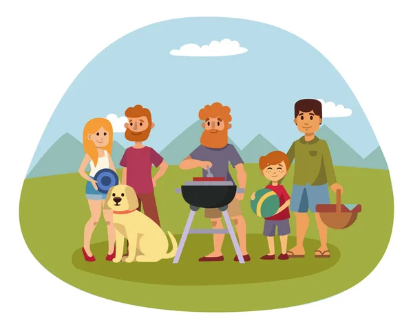 Piquenique com comida fresca cesta cesta churrasco descansando casal e refeição de verão festa família pessoas almoço jardim personagem vetor ilustração . — Vetor de Stock