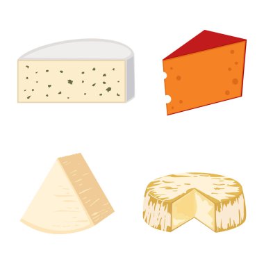 Lezzetli taze peynir çeşitli İtalyan yemeği simgesi süt gıda düz ve camembert parça farklı Şarküteri gouda set izole vektör çizim süt.