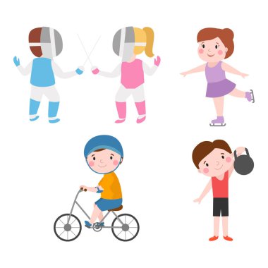 Genç sportsmens gelecekteki tekerlekli paten jimnastik spor Okulu takım oyuncuları illüstrasyon vektör sonra beyaz ve çocuk genç şampiyonu izole çocuklar.