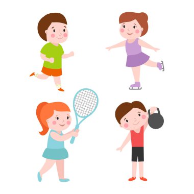 Genç sportsmens gelecekteki tekerlekli paten jimnastik spor Okulu takım oyuncuları illüstrasyon vektör sonra beyaz ve çocuk genç şampiyonu izole çocuklar.