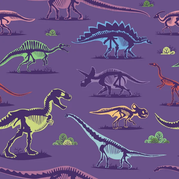 Dinossauro vintage cor sem costura padrão vetor fundo — Vetor de Stock