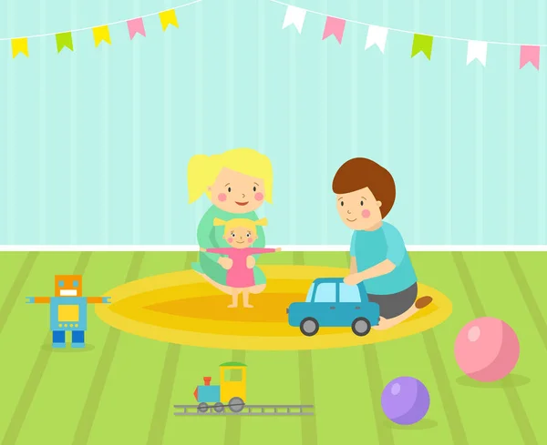 Sala de juegos para niños con decoración de muebles ligeros patio y juguetes en la alfombra de piso decoración de dibujos animados de estilo plano cómoda ilustración vectorial interior . — Vector de stock