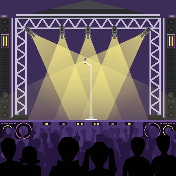 Concert popgroep artiesten op scène muziek podium nacht en jonge rock metall band menigte voor heldere nachtclub fase lichten vector illustratie. — Stockvector