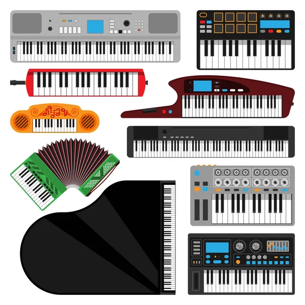 Klavye müzik aletleri izole klasik melodi studio akustik parlak müzisyen ekipman ve orkestra piyano besteci elektronik ses vektör. — Stok Vektör