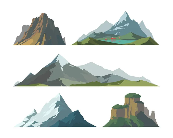 Montaña elemento de silueta madura icono al aire libre tapas de hielo de nieve y paisaje de camping aislado decorativo viaje escalada o senderismo geología vector ilustración . — Vector de stock