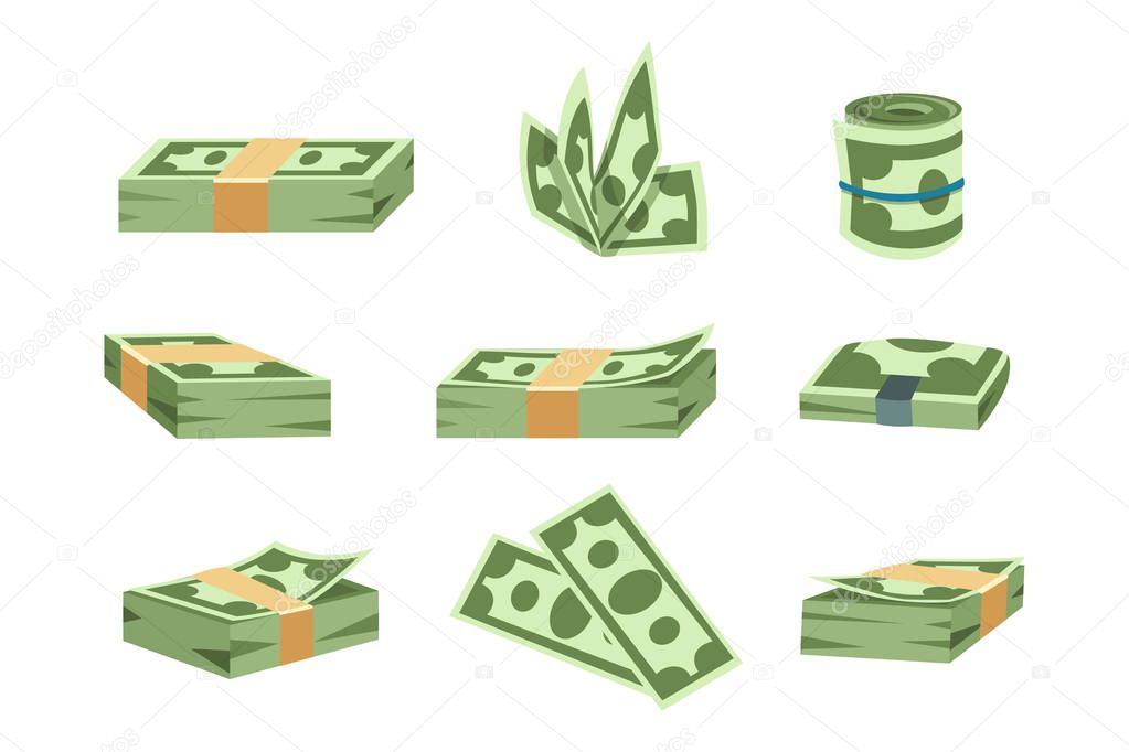 Dollar paper business finance money stack of bundles us banking edition and banknotes bills isolated wealth sign investment currency vector illustration.