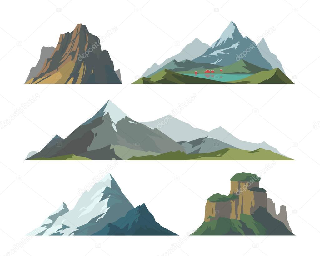 Mountain mature silhouette element outdoor icon snow ice tops and decorative isolated camping landscape travel climbing or hiking geology vector illustration.