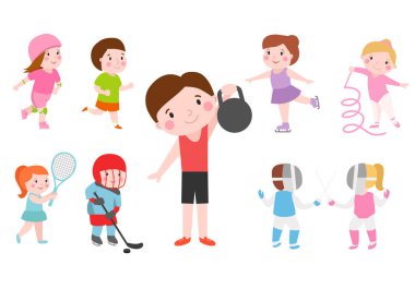 Genç sportsmens gelecekteki tekerlekli paten jimnastik spor Okulu takım oyuncuları illüstrasyon vektör sonra beyaz ve çocuk genç şampiyonu izole çocuklar.