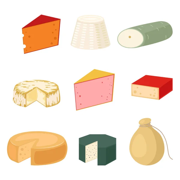 Délicieux fromage frais variété italien dîner icône plat produits laitiers et lait camembert pièce différente délicatesse gouda set illustration vectorielle isolée . — Image vectorielle