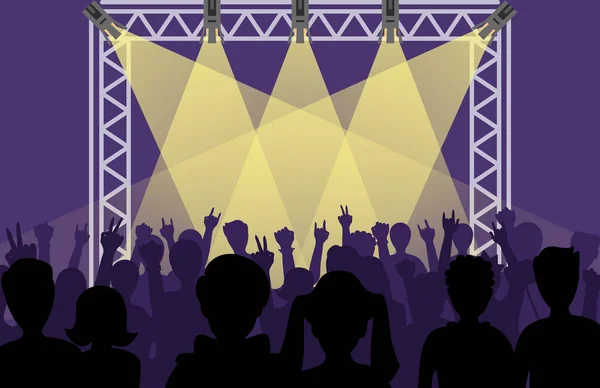 コンサート シーン音楽ステージ夜と明るいナイトクラブ ステージ ライトの前で若いロック メタル バンド群衆ポップ グループ アーティスト ベクトル イラスト. — ストックベクタ