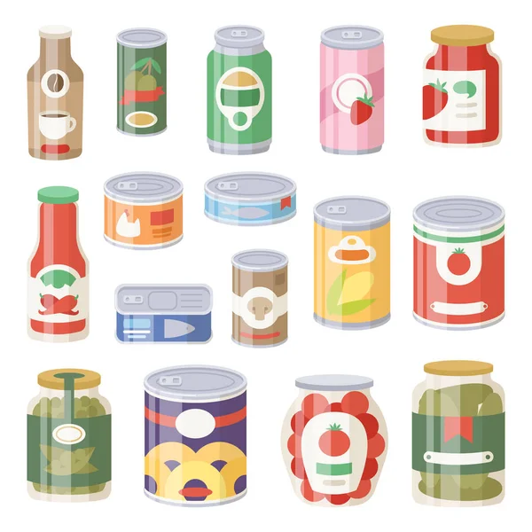 Collection of various tins canned goods food metal container grocery store and product storage aluminum flat label conserve vector illustration. — Stock Illustration Collection of various tins canned goods food metal container grocery store and product storage aluminum flat label conserve vector illustration. Vector Graphics