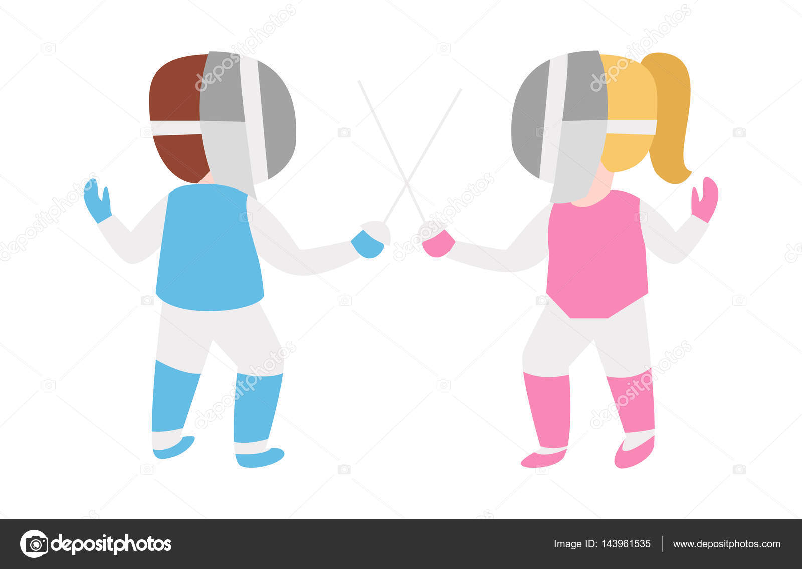 Children epee fencing lunge competition activity kid in pink and blue uniform with mask and