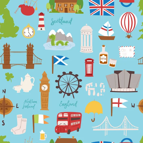 Reino Unido gran Bretaña viaje turismo vector ilustración patrón sin costura — Vector de stock