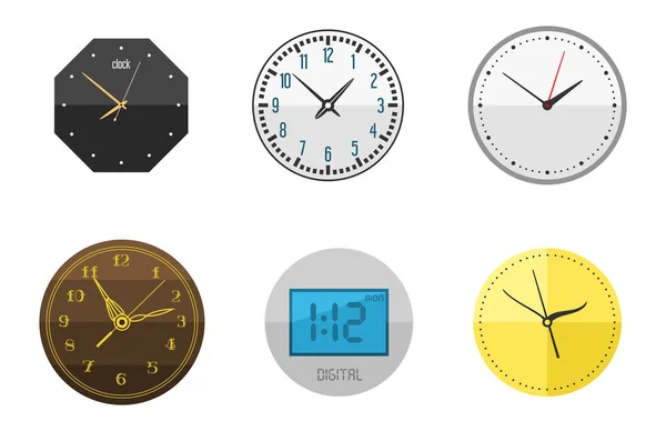 Wanduhr Kreisschild mit Chronometerzeiger Sammlung und Frist Stoppuhr Geschwindigkeit Büro Alarm Timer Minutenuhr Vektor Illustration Symbole eingestellt. — Stockvektor