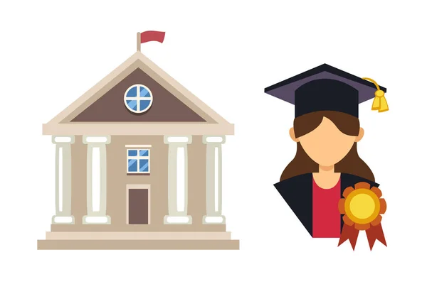 Αποφοίτηση γυναίκα σιλουέτα ομοιόμορφη avatar διανυσματικά εικονογράφηση. Φοιτητής εκπαίδευσης κολλεγίου επιτυχία χαρακτήρα. Εικονίδια σχολείο και Πανεπιστήμιο κτίριο εικονογράφηση διάνυσμα — Διανυσματικό Αρχείο
