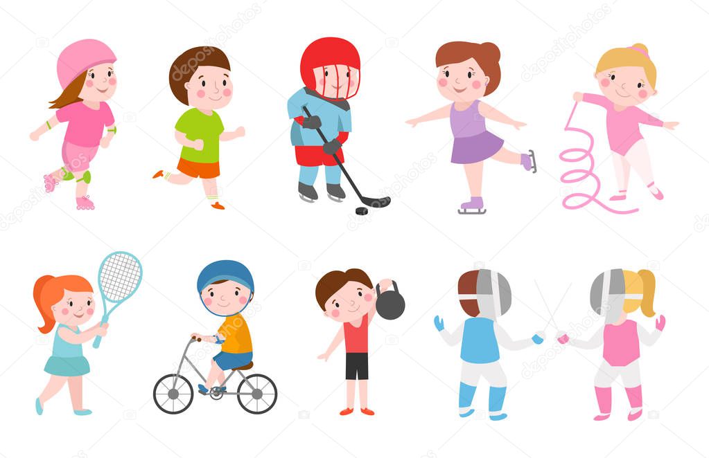 Young kids sportsmens future roller skates gymnastics isolated on white and children young winners after sport school team players vector illustration.