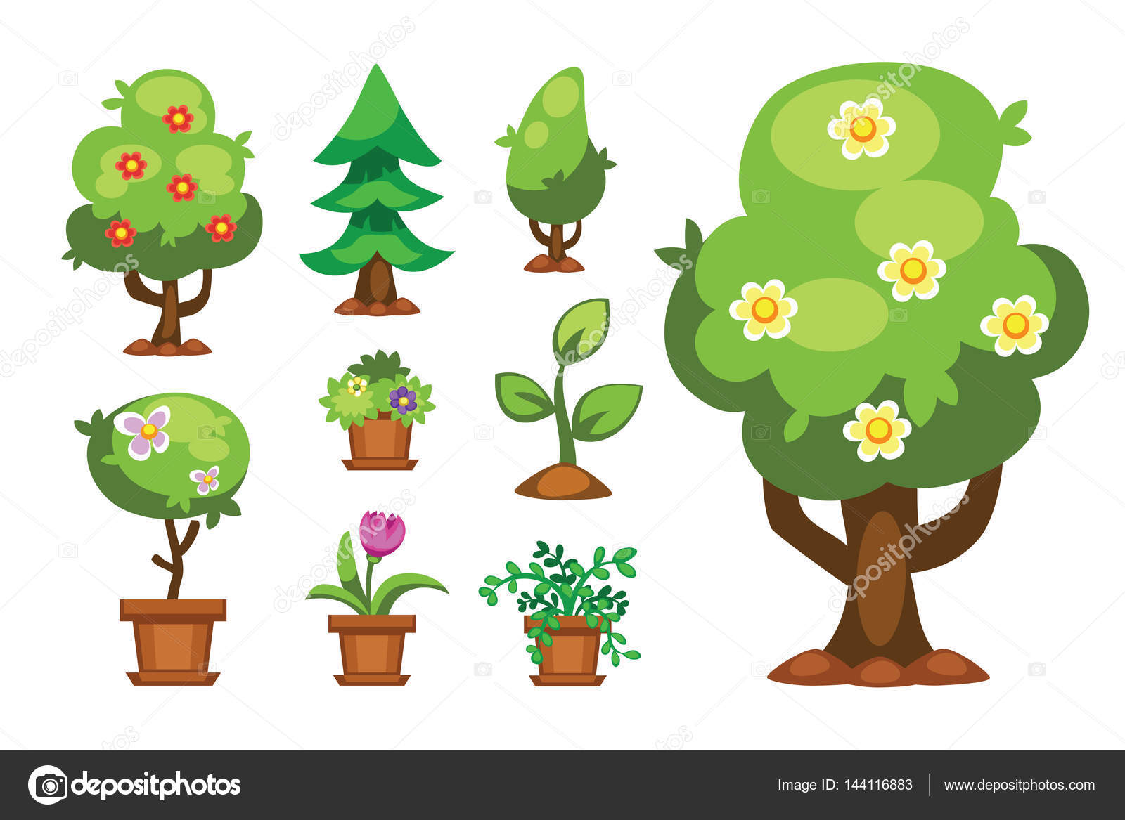 Árvores E Arbustos Dos Desenhos Animados Plantas Verdes Com As